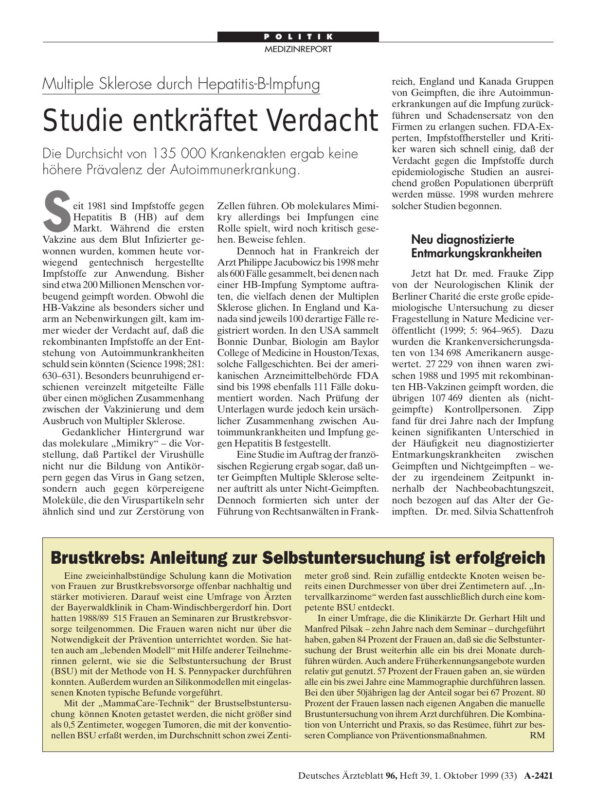 Vorschauseite 1: Multiple Sklerose durch Hepatitis-B-Impfung: Studie entkräftet Verdacht