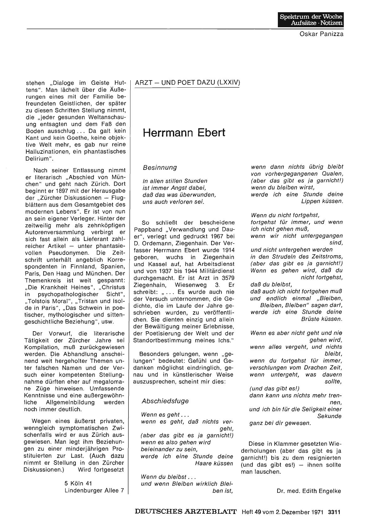 Vorschauseite 1: Arzt — und Poet dazu (LXXIV): Herrmann Ebert