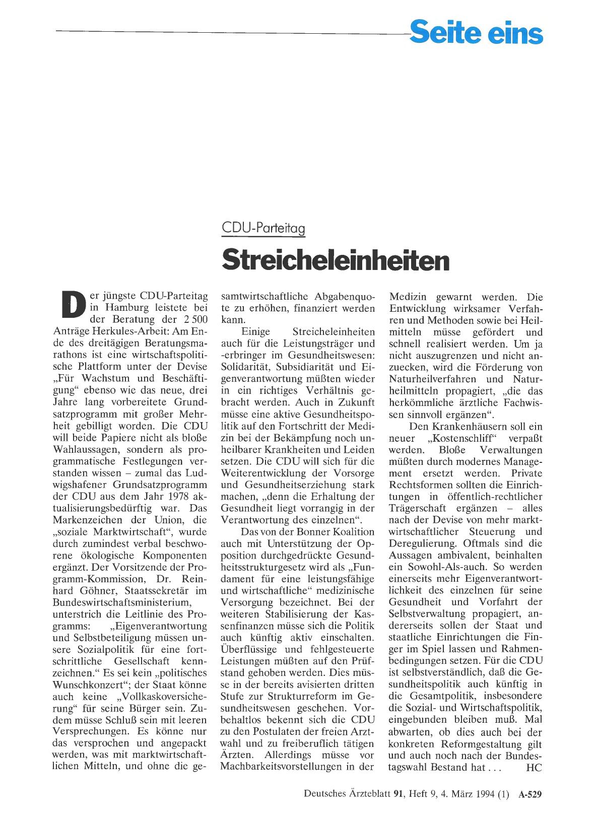 Vorschauseite 1: CDU-Parteitag: Streicheleinheiten