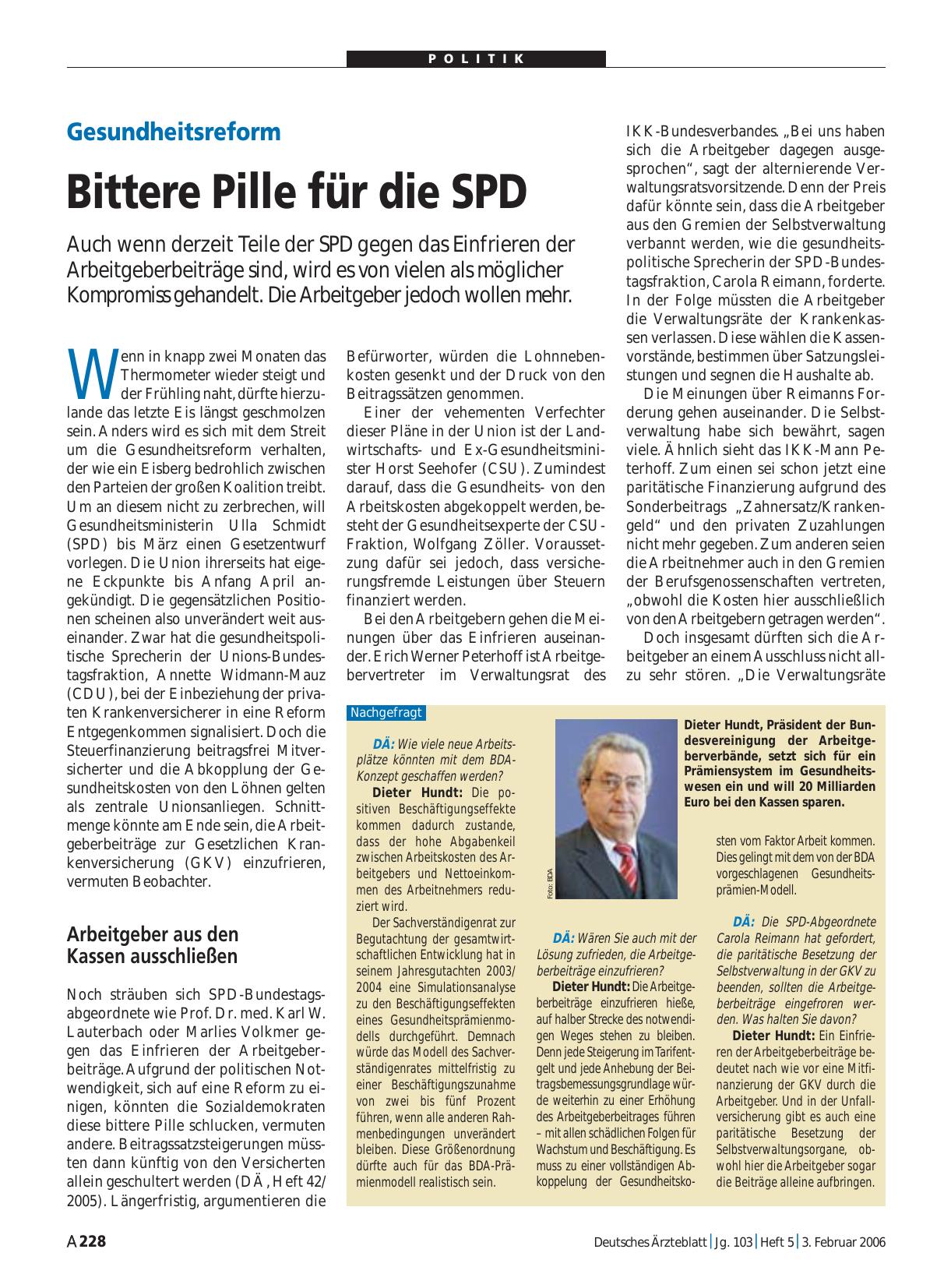 Vorschauseite 1: Gesundheitsreform: Bittere Pille für die SPD