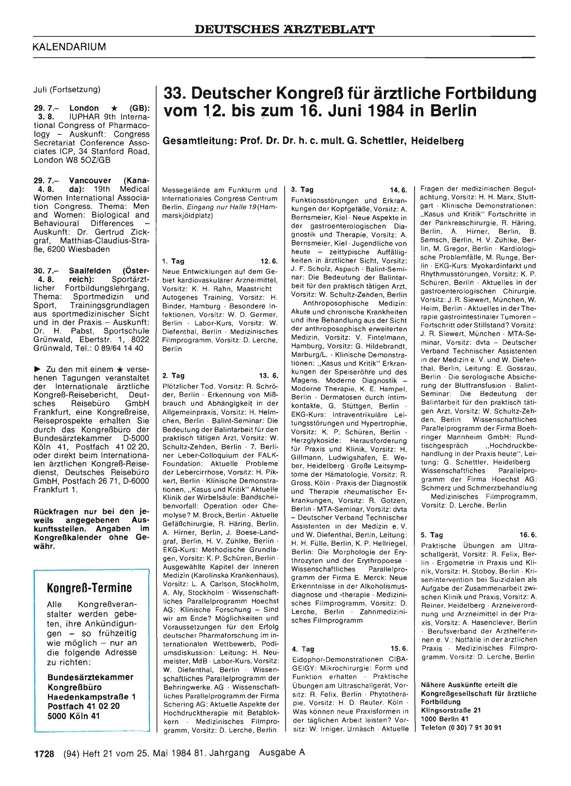 Vorschauseite 1: 33. Deutscher Kongreß für ärztliche Fortbildung vom 12. bis zum 16. Juni 1984 in Berlin