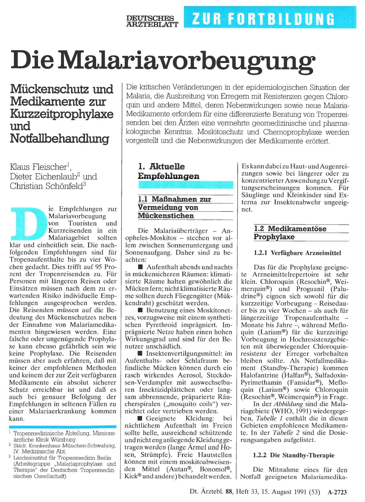 Vorschauseite 1: Die Malariavorbeugung: Mückenschutz und Medikamente zur Kurzzeitprophylaxe und Notfallbehandlung