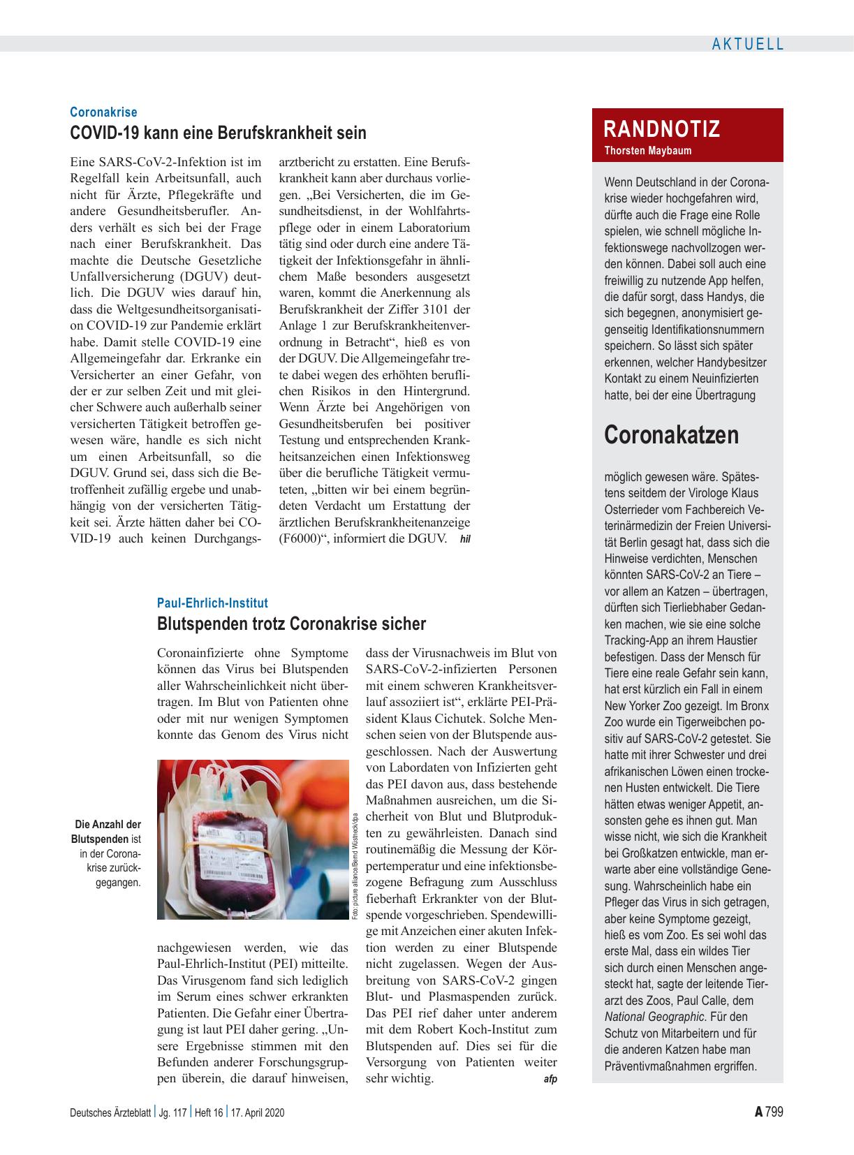 Vorschauseite 1: Paul-Ehrlich-Institut: Blutspenden trotz Coronakrise sicher