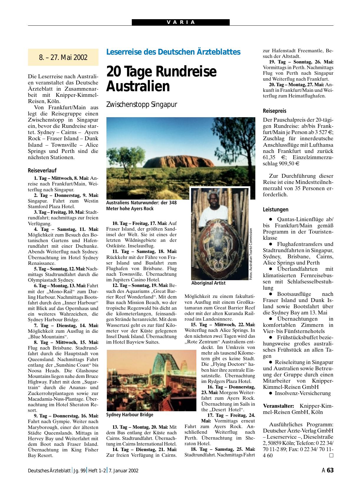 Vorschauseite 1: Leserreise des Deutschen Ärzteblattes: 20 Tage Rundreise Australien