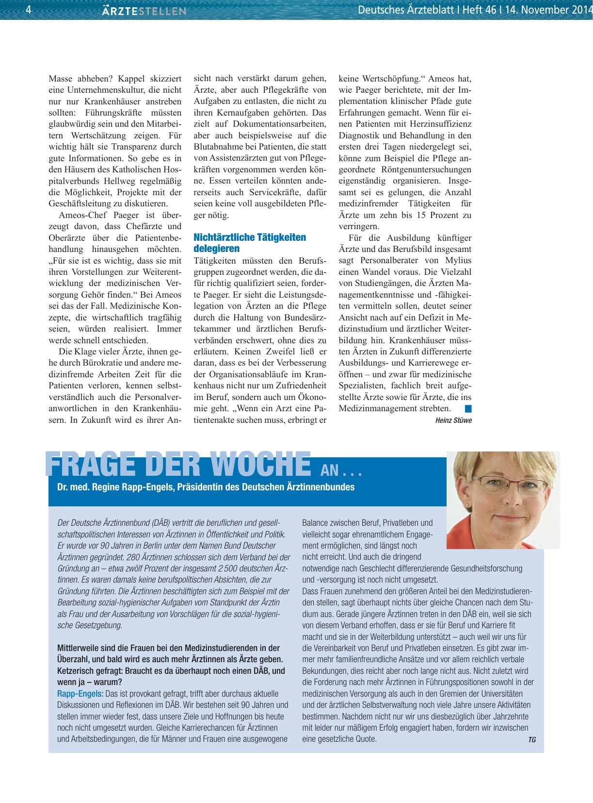 Vorschauseite 1: Frage der Woche an. .. Dr. med. Regine Rapp-Engels, Präsidentin des Deutschen Ärztinnenbundes