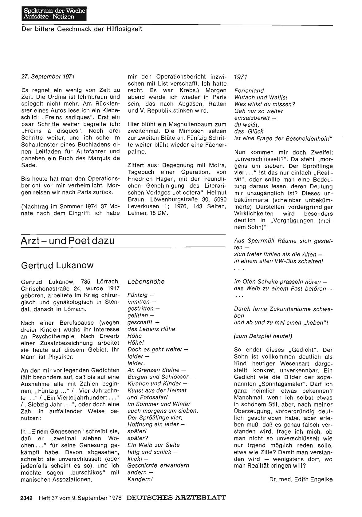 Vorschauseite 1: Arztund Poet dazu: Gertrud Lukanow