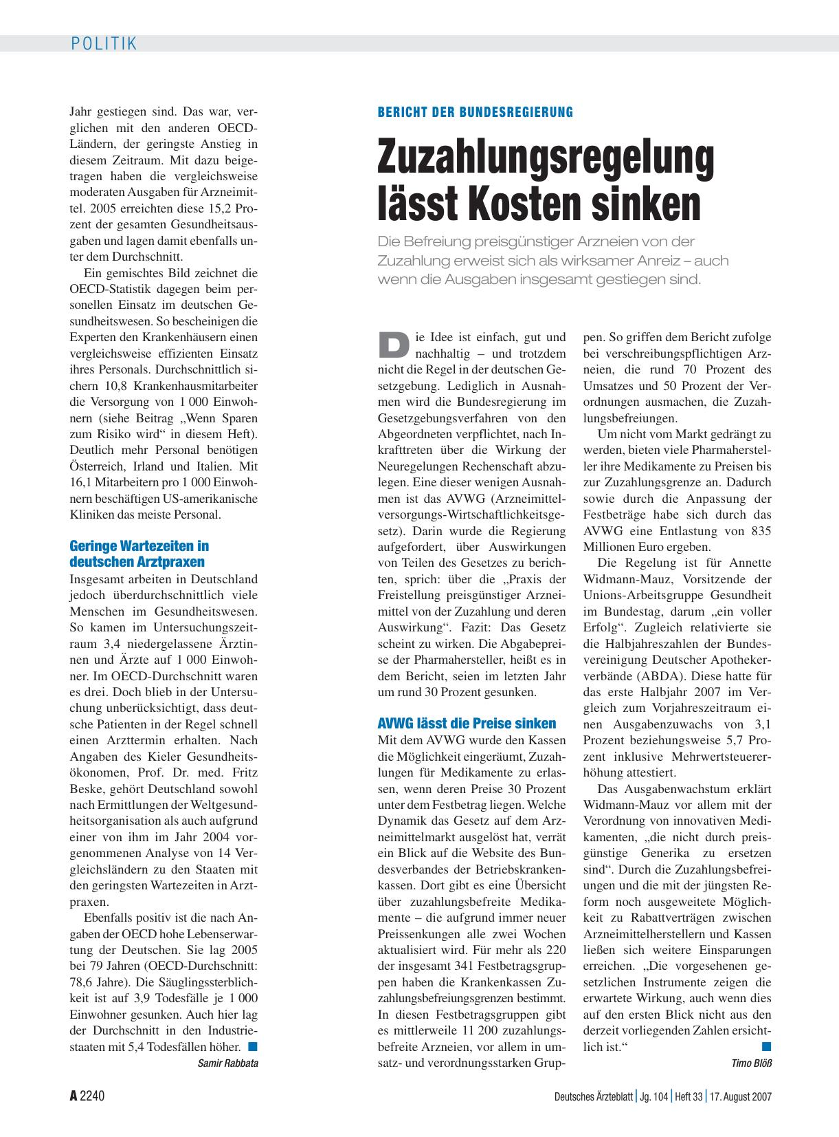 Vorschauseite 1: Bericht der Bundesregierung: Zuzahlungsregelung lässt Kosten sinken