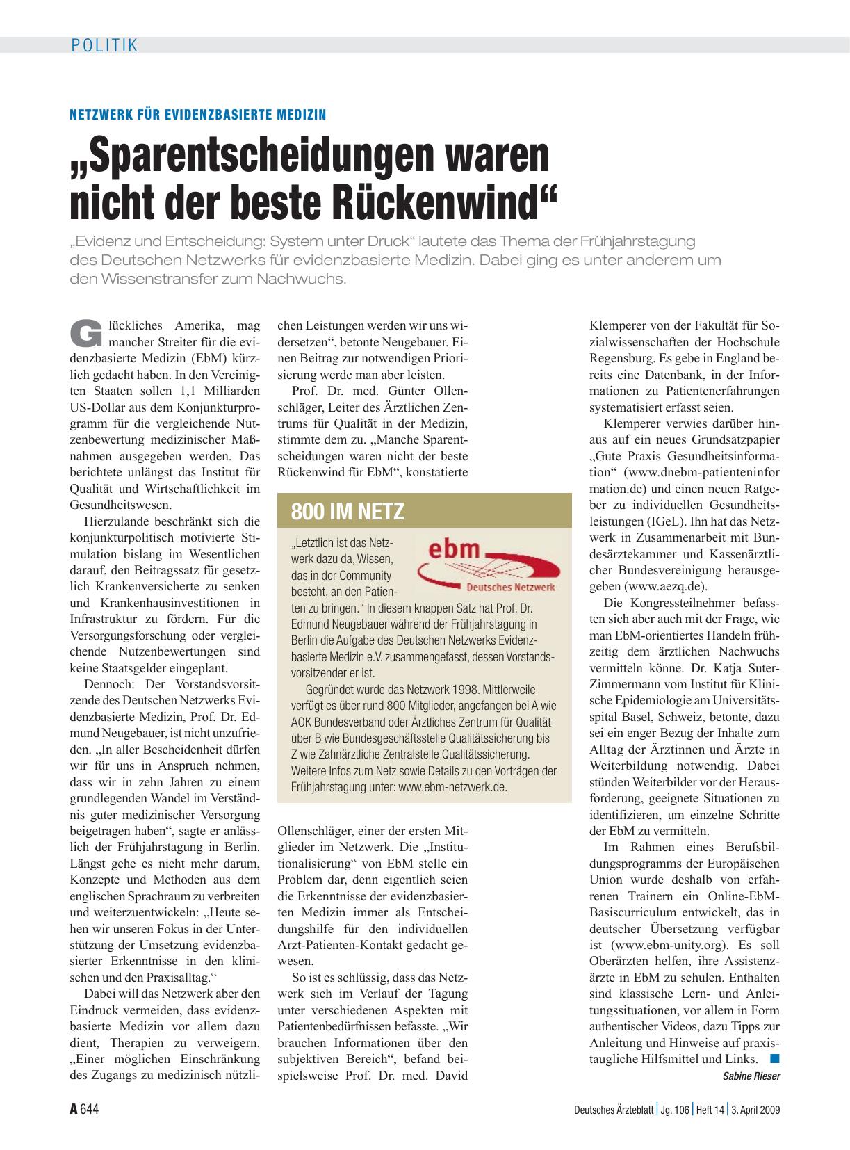 Vorschauseite 1: Netzwerk für evidenzbasierte Medizin: „Sparentscheidungen waren nicht der beste Rückenwind“