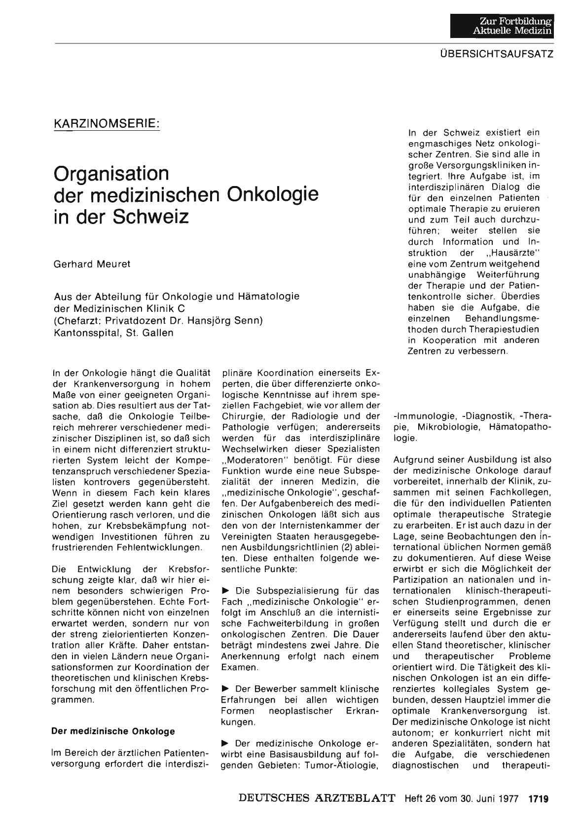 Vorschauseite 1: KARZINOMSERIE: Organisation der medizinischen Onkologie in der Schweiz