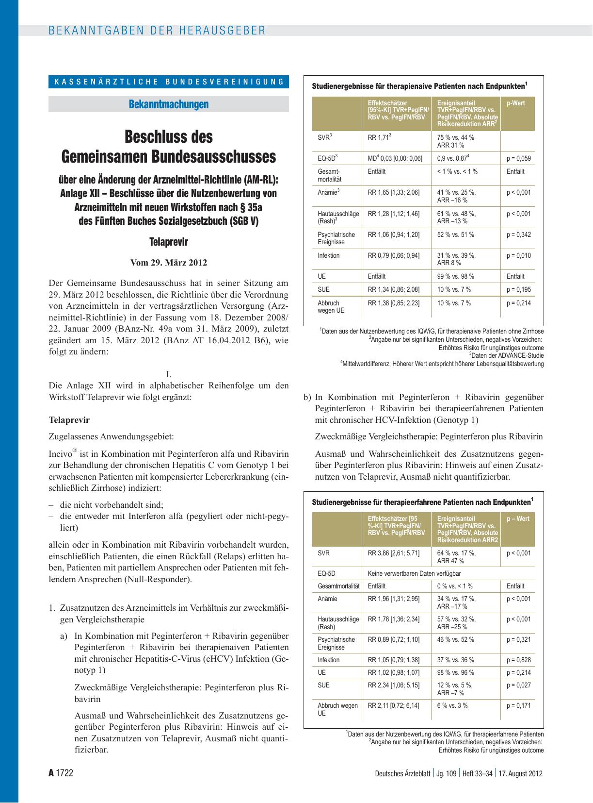 Vorschauseite 1: Beschluss des Gemeinsamen Bundesausschusses über eine Änderung der Arzneimittel-Richtlinie (AM-RL): Anlage XII – Beschlüsse über die Nutzenbewertung von Arzneimitteln mit neuen Wi…