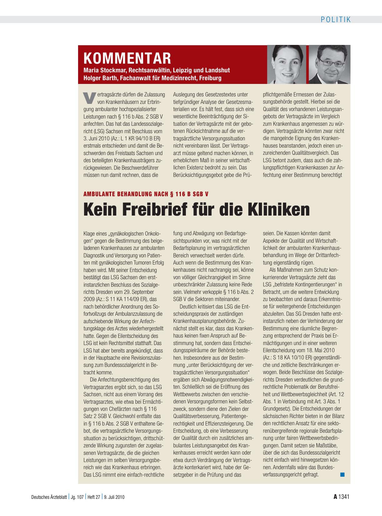 Vorschauseite 1: Ambulante Behandlung nach § 116 b SGB V: Kein Freibrief für die Kliniken