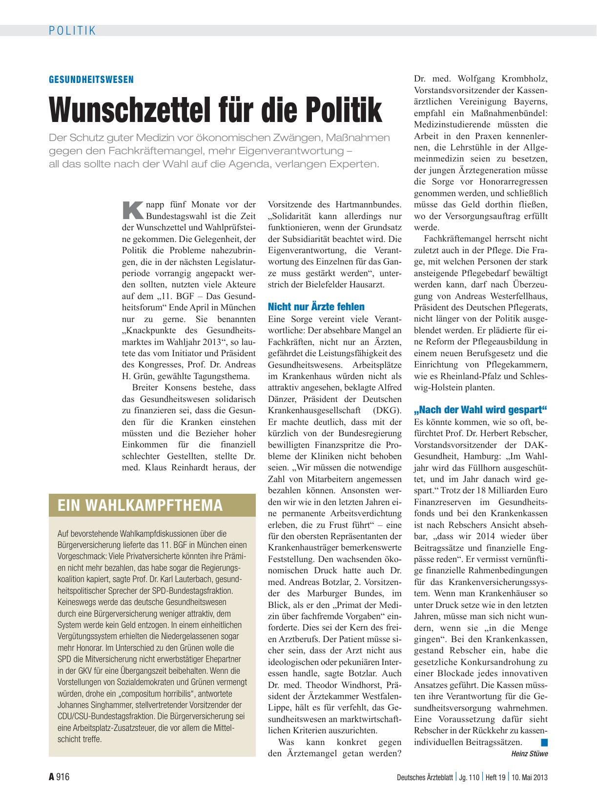 Vorschauseite 1: Gesundheitswesen: Wunschzettel für die Politik