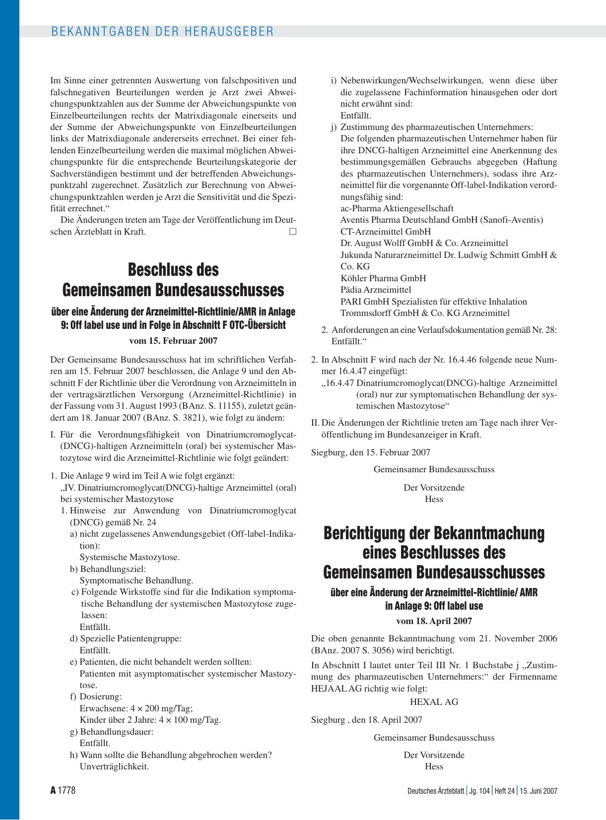 Vorschauseite 1: Berichtigung der Bekanntmachung eines Beschlusses des Gemeinsamen Bundesausschusses über eine Änderung der Arzneimittel-Richtlinie/ AMR in Anlage 9: Off label use vom 18. April 20…