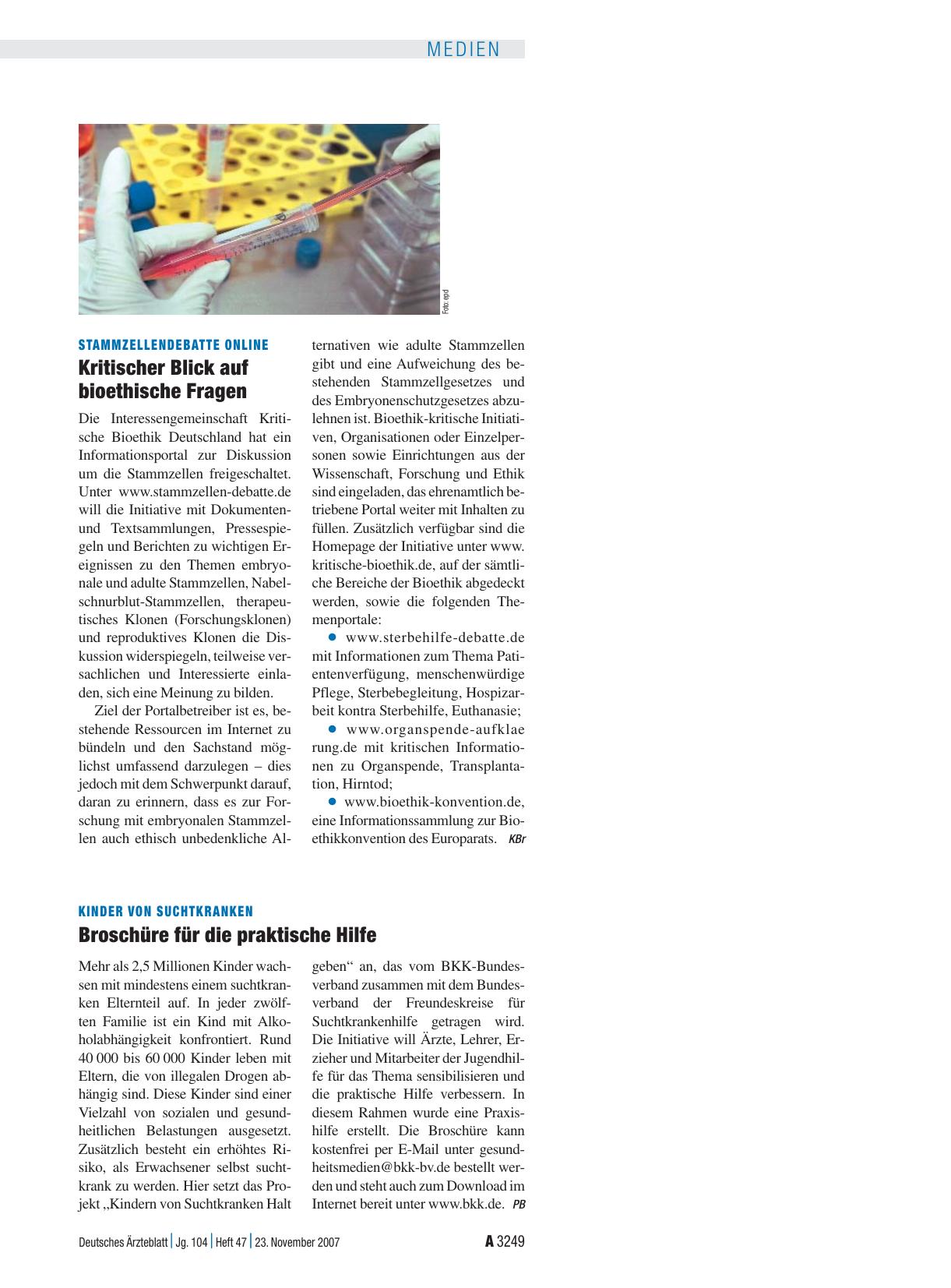 Vorschauseite 1: Stammzellendebatte online: Kritischer Blick auf bioethische Fragen