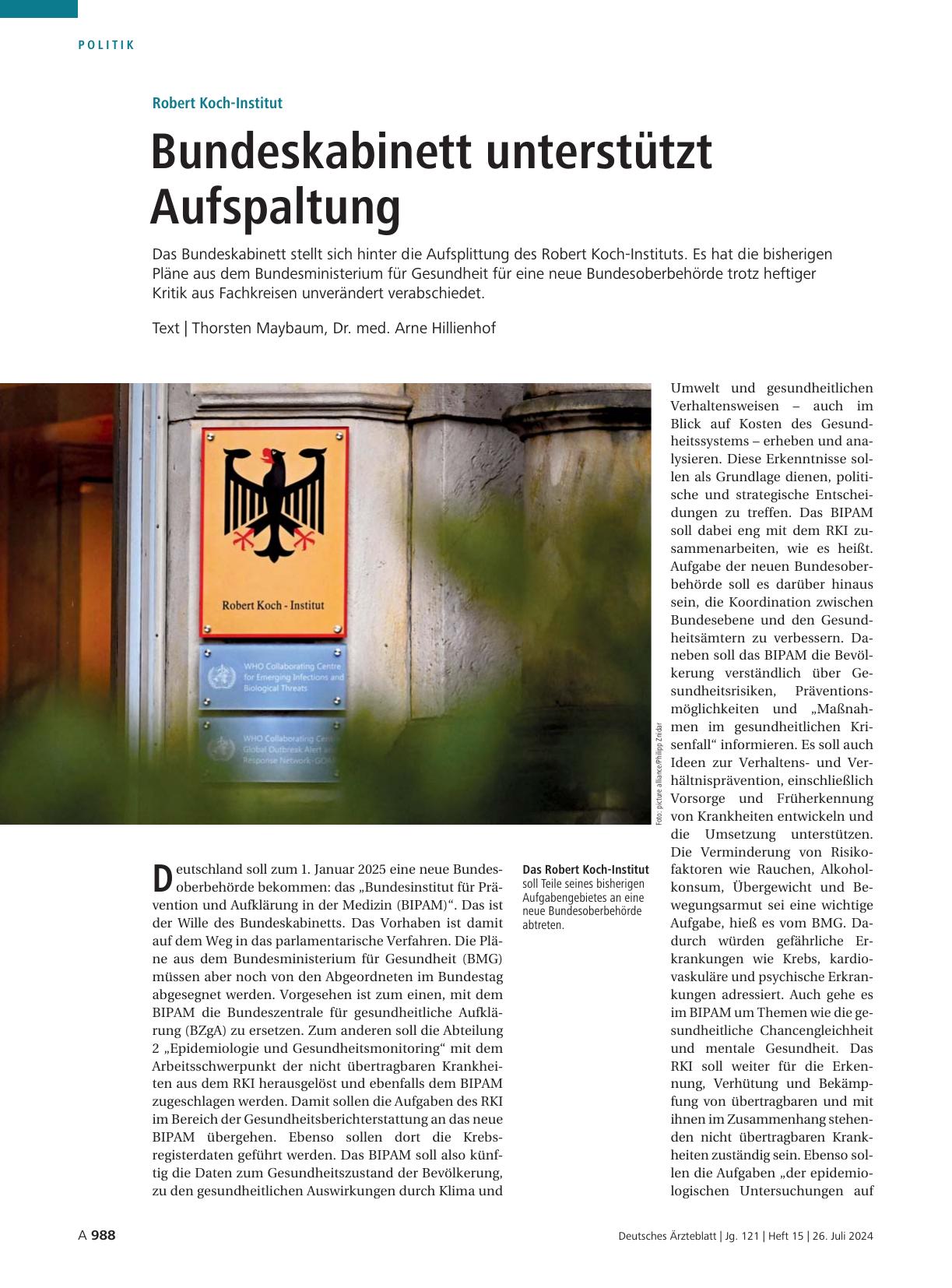 Vorschauseite 1: Robert Koch-Institut: Bundeskabinett unterstützt Aufspaltung