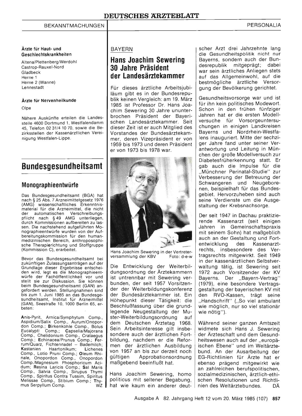Vorschauseite 1: Bayern: Hans Joachim Sewering 30 Jahre Präsident der Landesärztekammer
