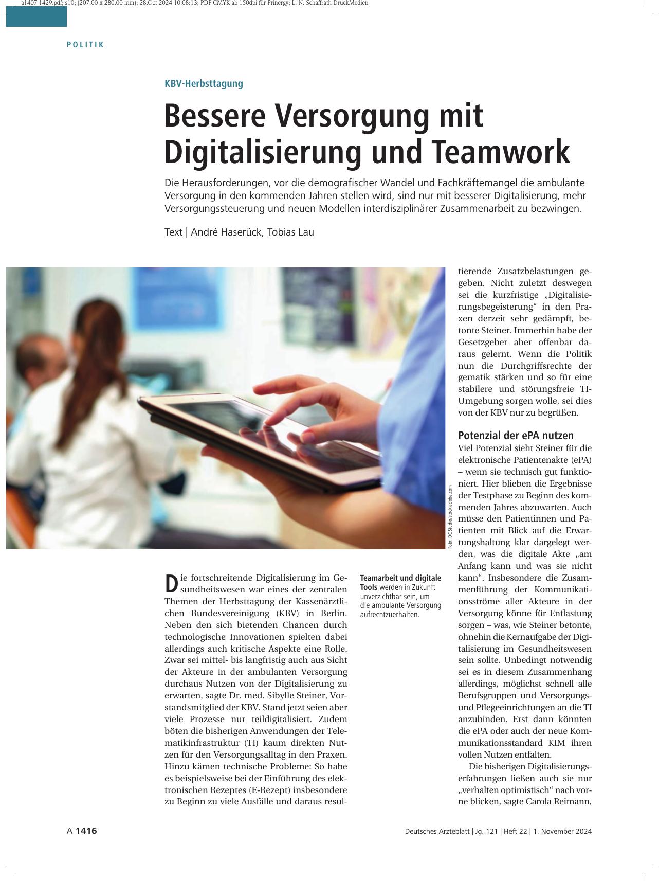 Vorschauseite 1: KBV-Herbsttagung: Bessere Versorgung mit Digitalisierung und Teamwork