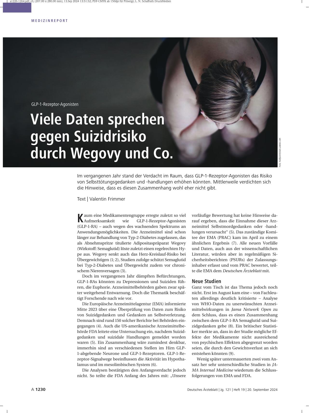 Vorschauseite 1: GLP-1-Rezeptor-Agonisten: Viele Daten sprechen gegen Suizidrisiko durch Wegovy und Co.