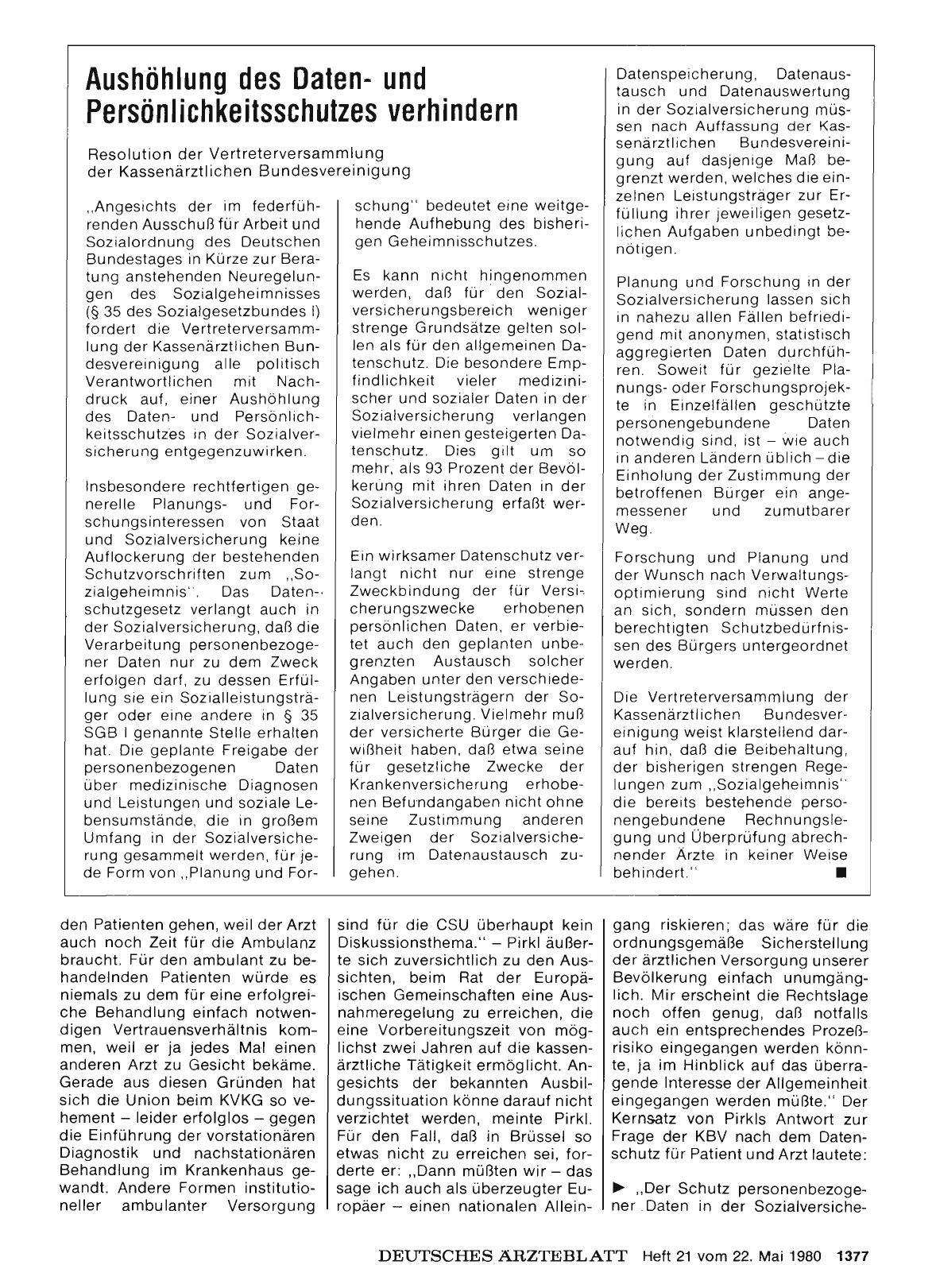 Vorschauseite 1: Aushöhlung des Datenund Persönlichkeitsschutzes verhindern: Resolution der Vertreterversammlung der Kassenärztlichen Bundesvereinigung