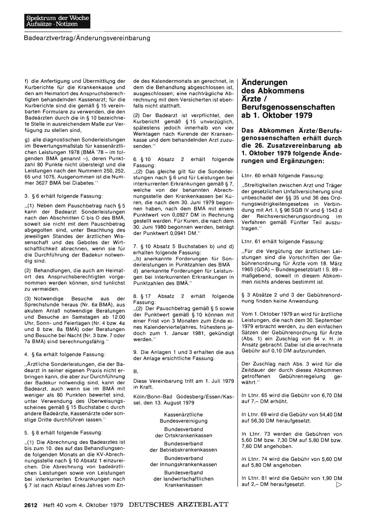 Vorschauseite 1: Kassenärztliche Bundesvereinigung: Änderungen des Abkommens Ärzte / Berufsgenossenschaften ab 1. Oktober 1979