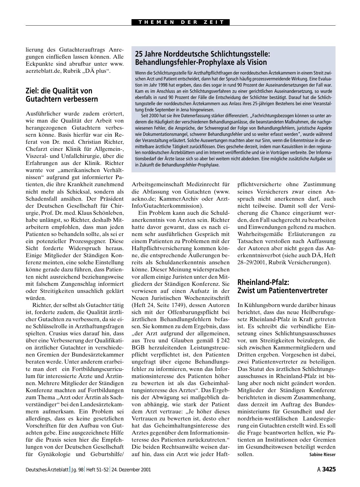 Vorschauseite 1: 25 Jahre Norddeutsche Schlichtungsstelle: Behandlungsfehler-Prophylaxe als Vision