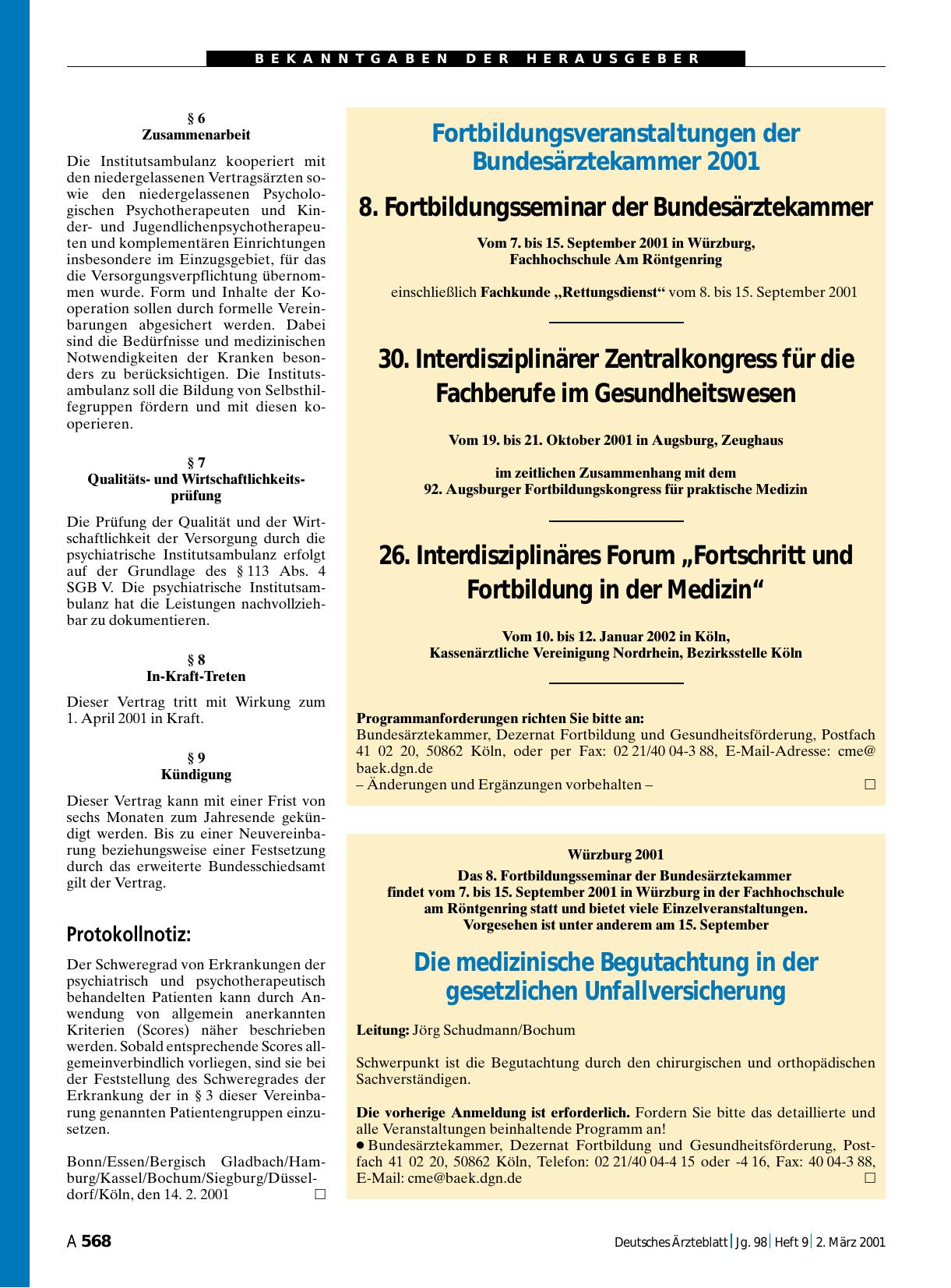 Vorschauseite 1: Fortbildungsveranstaltungen der Bundesärztekammer 2001