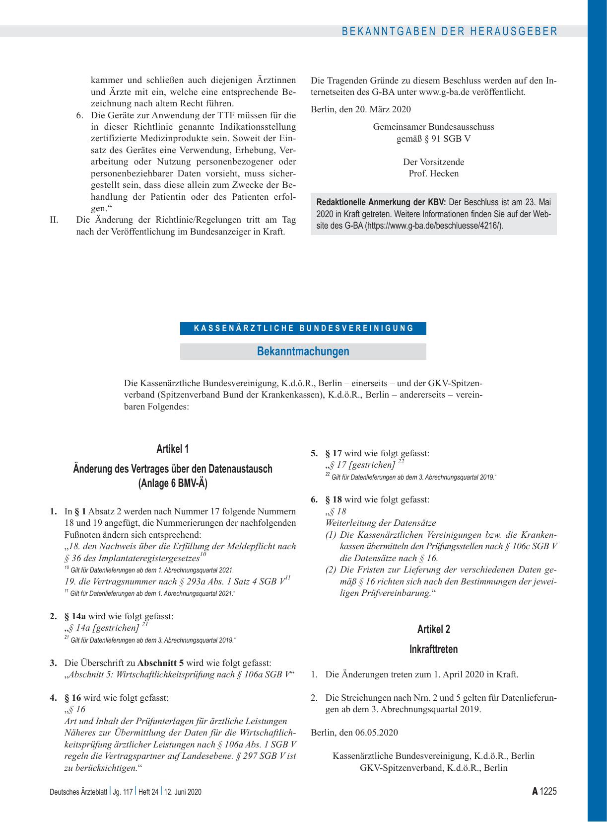 Vorschauseite 1: Änderung des Vertrages über den Datenaustausch (Anlage 6 BMV-Ä)