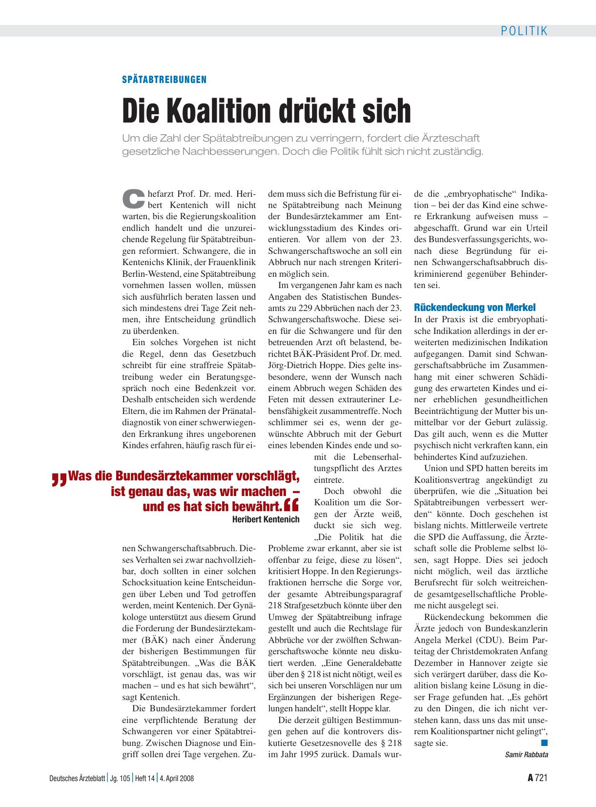 Vorschauseite 1: Spätabtreibungen: Die Koalition drückt sich
