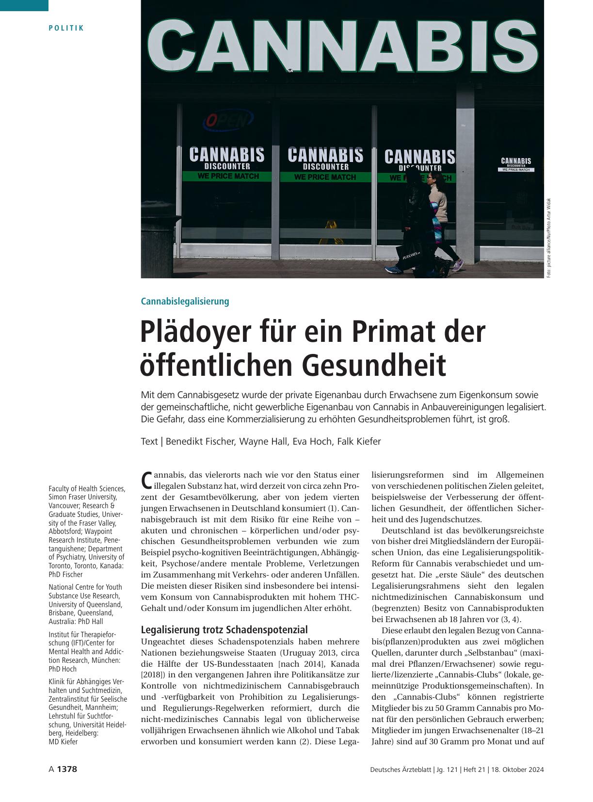 Vorschauseite 1: Cannabislegalisierung: Plädoyer für ein Primat der öffentlichen Gesundheit