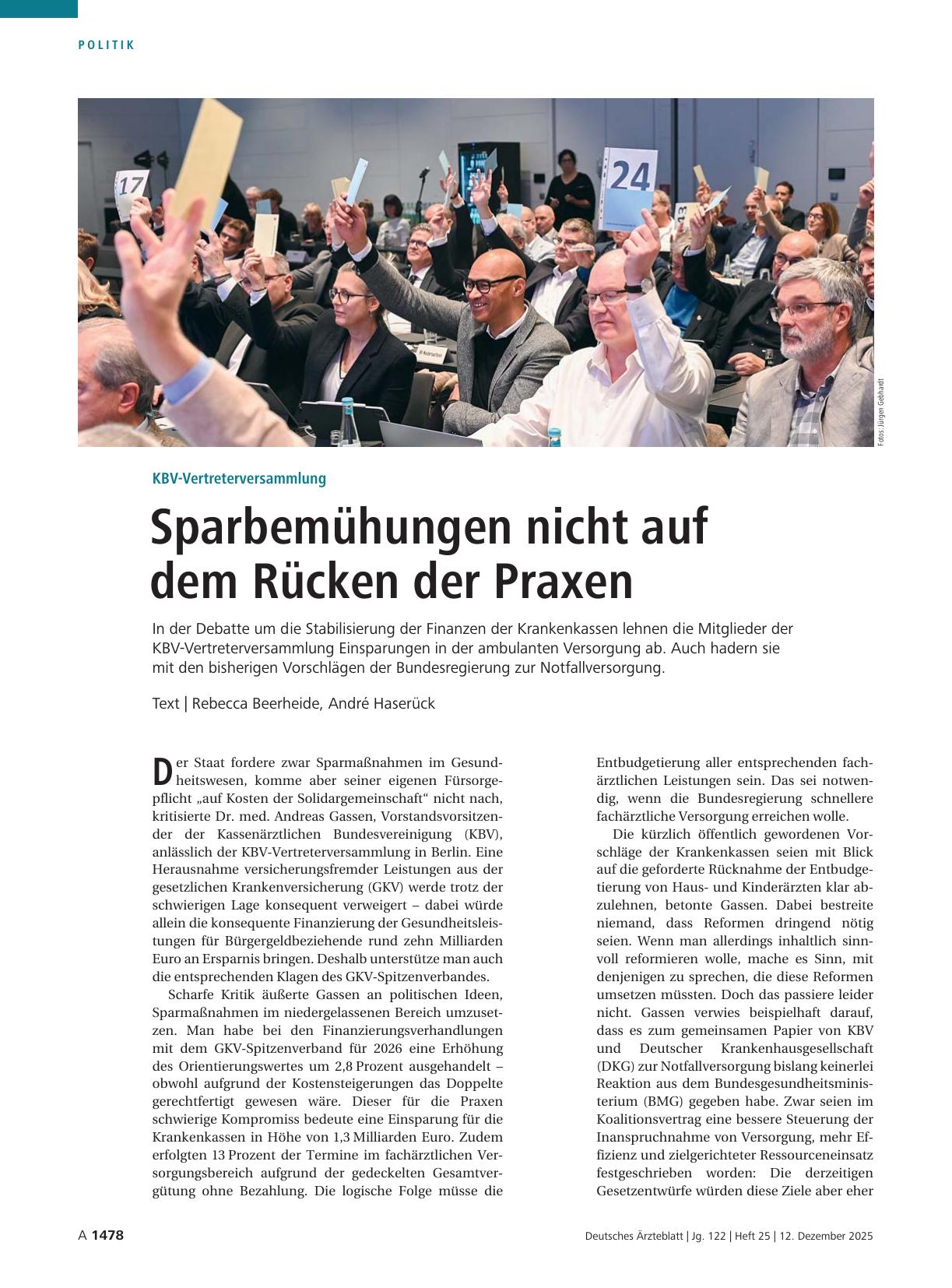 Vorschauseite 1: KBV-Vertreterversammlung: Sparbemühungen nicht auf dem Rücken der Praxen