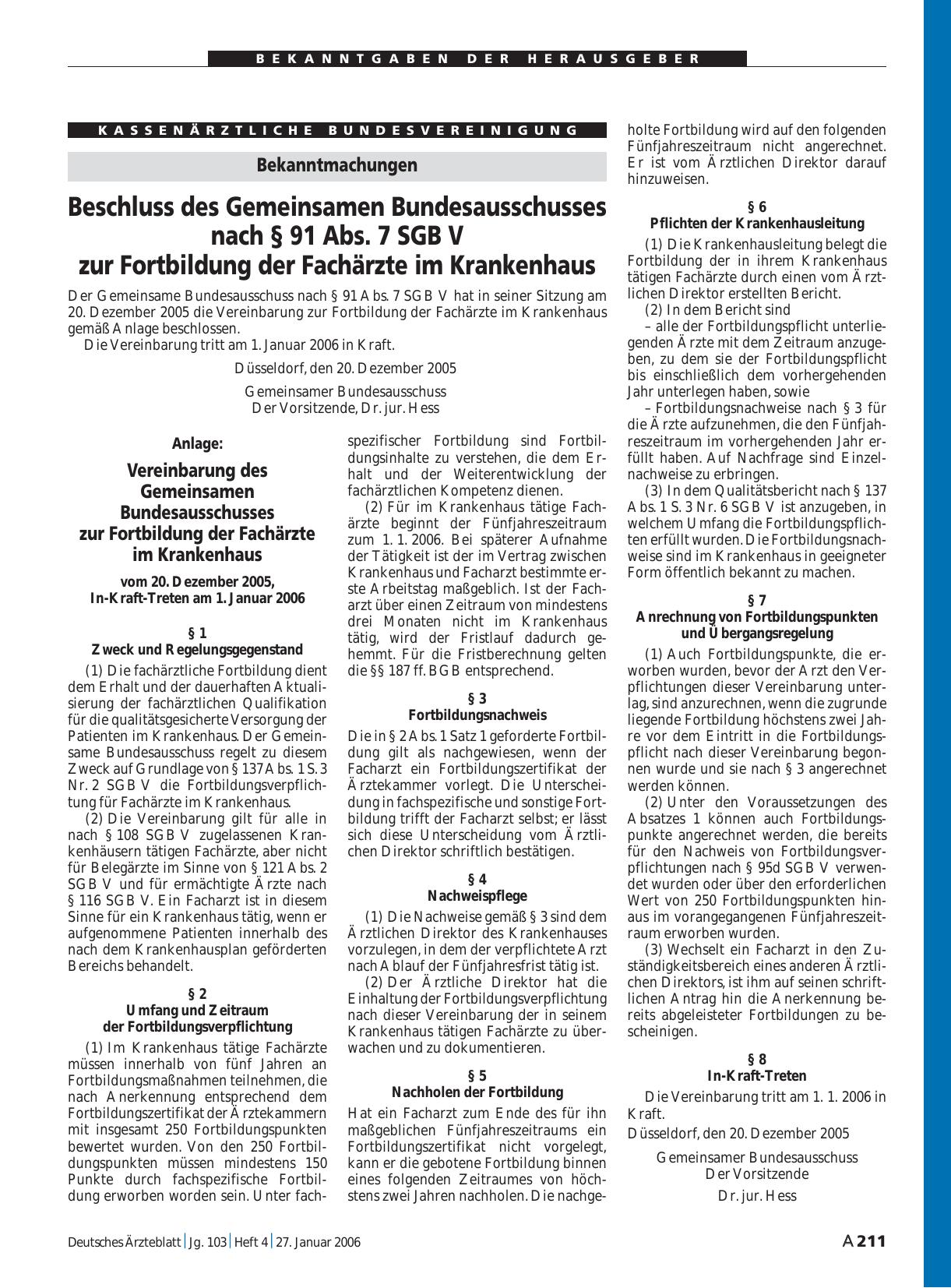 Vorschauseite 1: Bekanntmachungen: Beschluss des Gemeinsamen Bundesausschusses nach § 91 Abs. 7 SGB V zur Fortbildung der Fachärzte im Krankenhaus