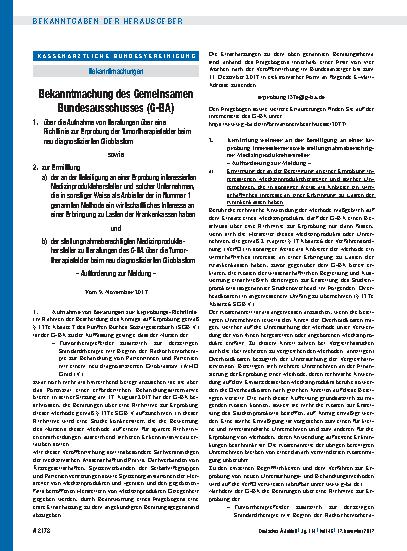 Vorschauseite 1: Bekanntmachung des Gemeinsamen Bundesausschusses (G-BA): 1. über die Aufnahme von Beratungen über eine Richtlinie zur Erprobung der Tumortherapiefelder beim neu diagnostizierten G…