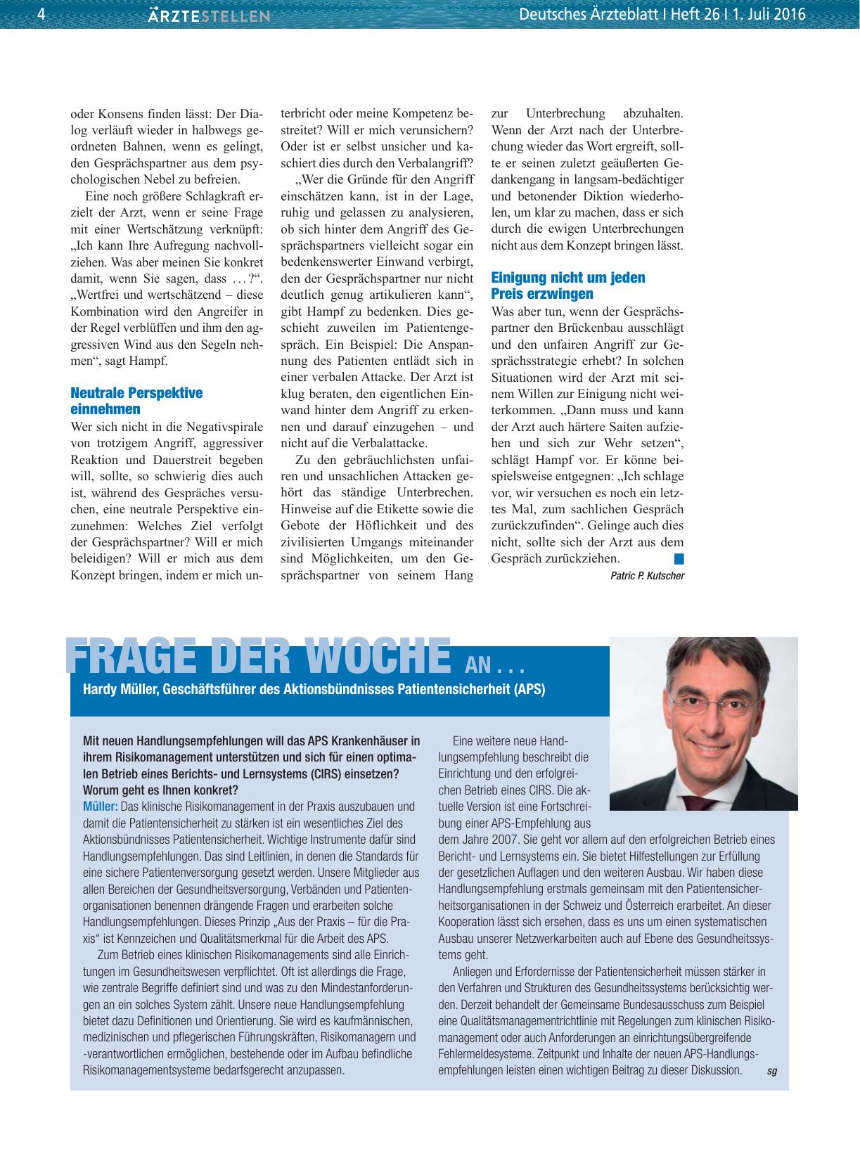 Vorschauseite 1: Frage der Woche an. .. Hardy Müller, Geschäftsführer des Aktionsbündnisses Patientensicherheit (APS)