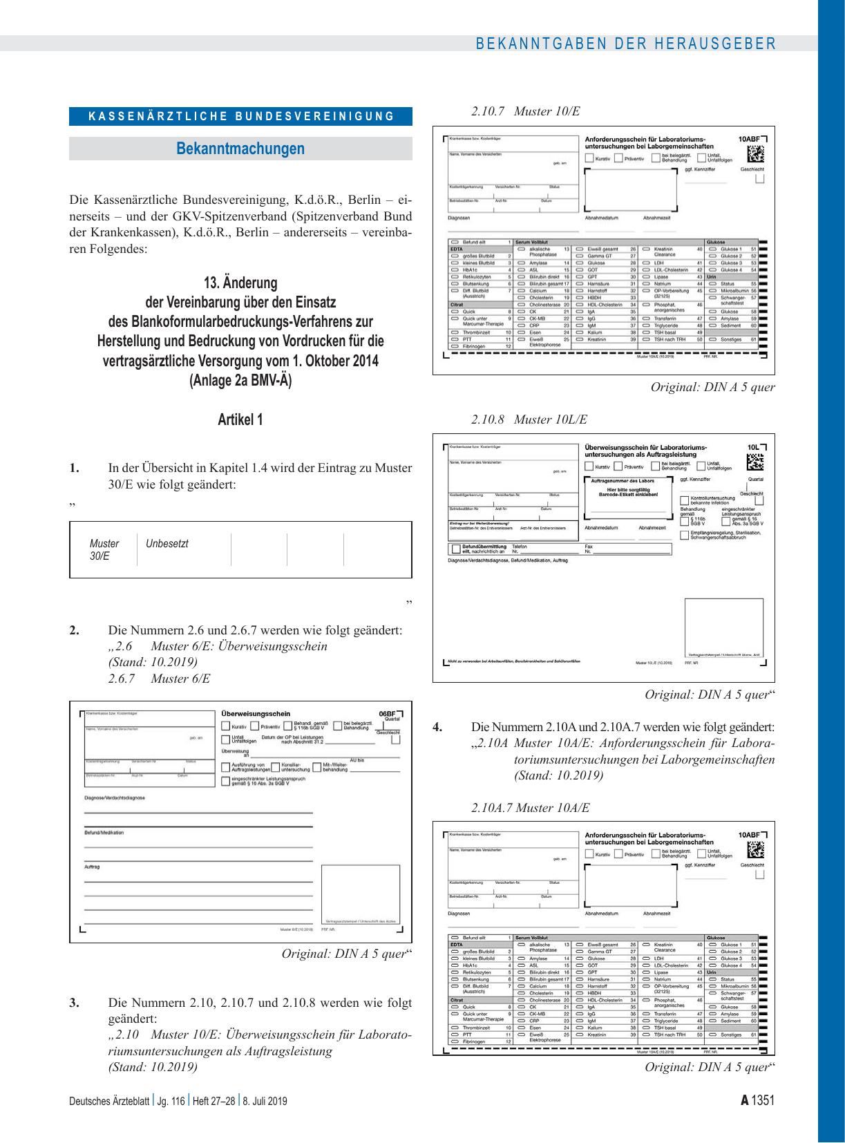 Vorschauseite 1: 13. Änderung der Vereinbarung über den Einsatz des Blankoformularbedruckungs-Verfahrens zur Herstellung und Bedruckung von Vordrucken für die vertragsärztliche Versorgung vom 1. O…