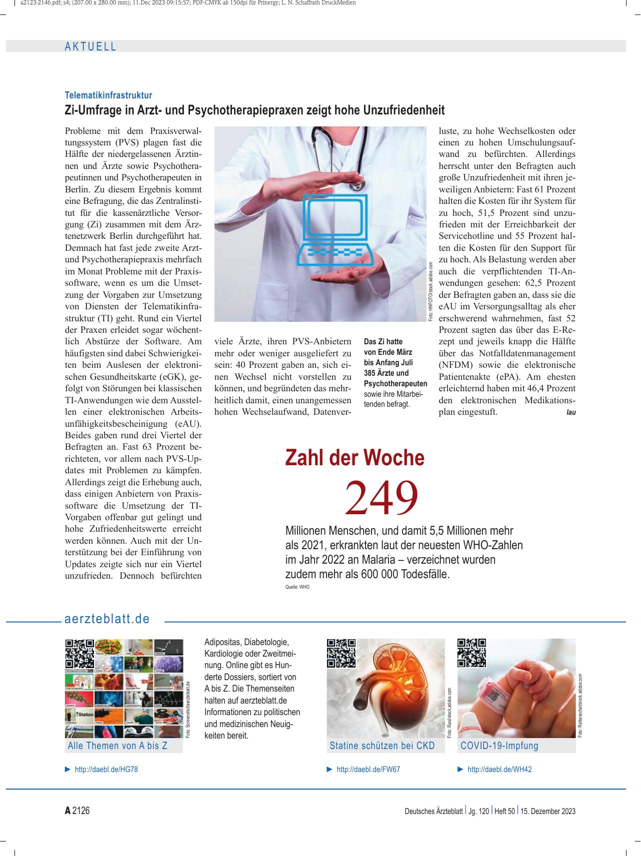 Vorschauseite 1: Telematikinfrastruktur: Zi-Umfrage in Arztund Psychotherapiepraxen zeigt hohe Unzufriedenheit