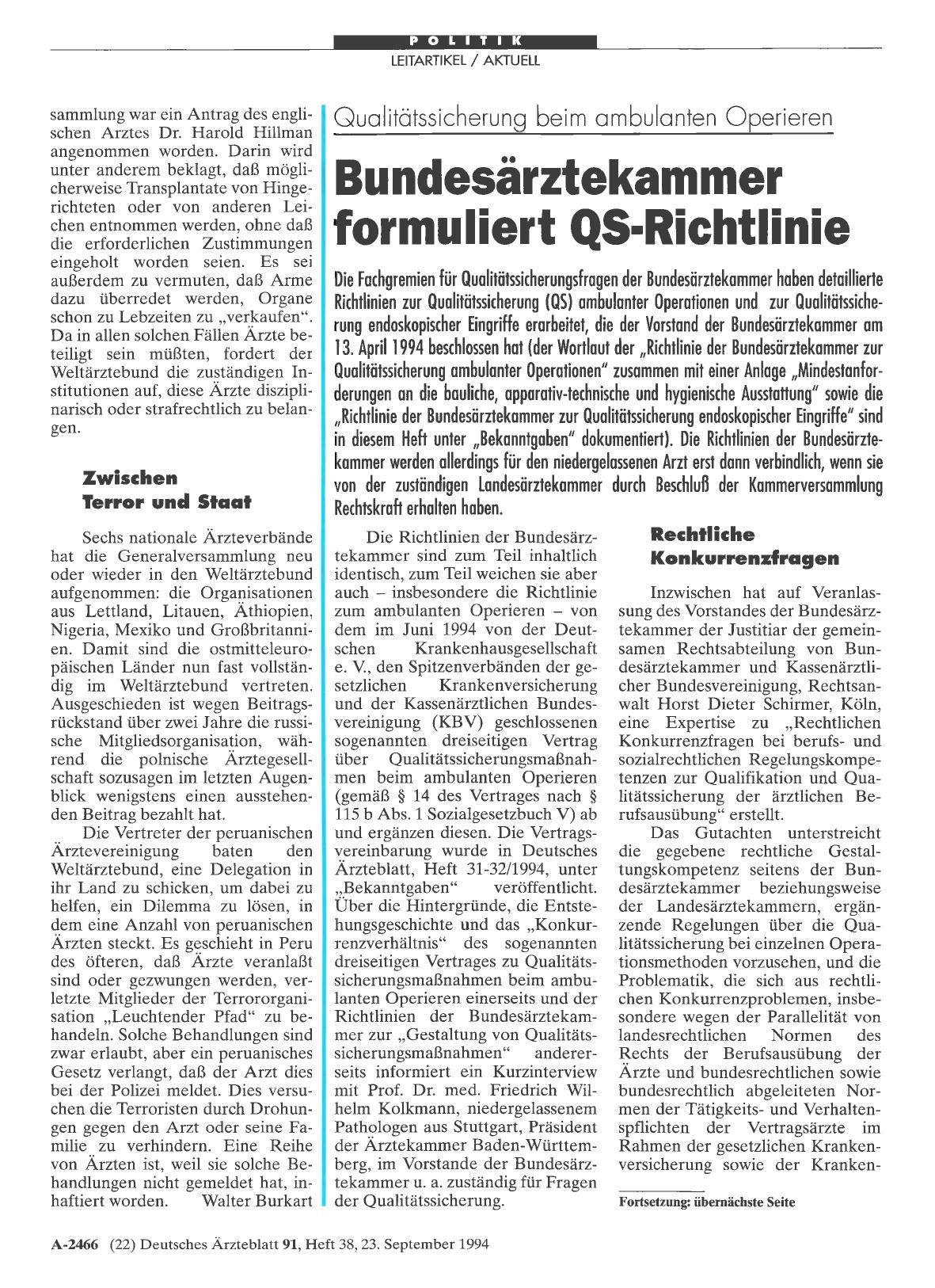 Vorschauseite 1: Qualitätssicherung beim ambulanten Operieren: Bundesärztekammer formuliert QS-Richtlinie