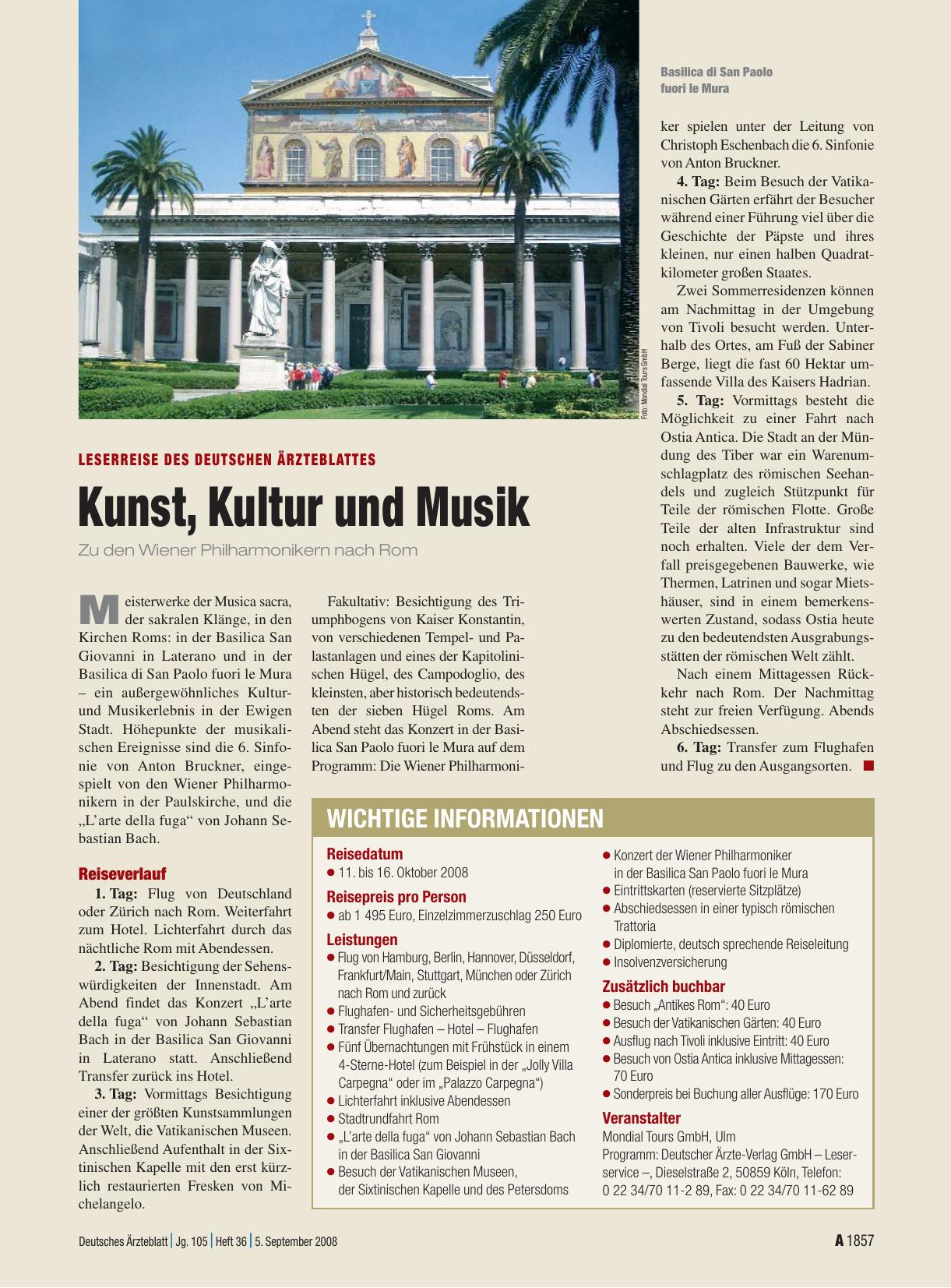 Vorschauseite 1: Kunst, Kultur und Musik: Zu den Wiener Philharmonikern nach Rom