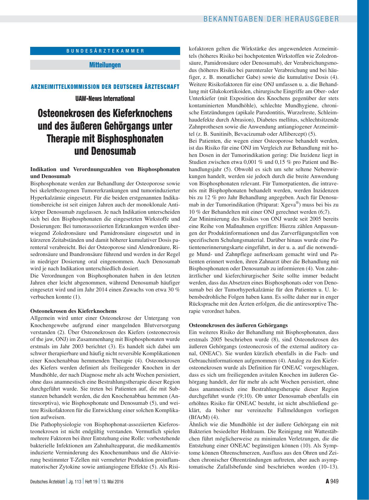 Vorschauseite 1: Arzneimittelkommission der deutschen Ärzteschaft – UAW-News International: Osteonekrosen des Kieferknochens und des äußeren Gehörgangs unter Therapie mit Bisphosphonaten und Denos…