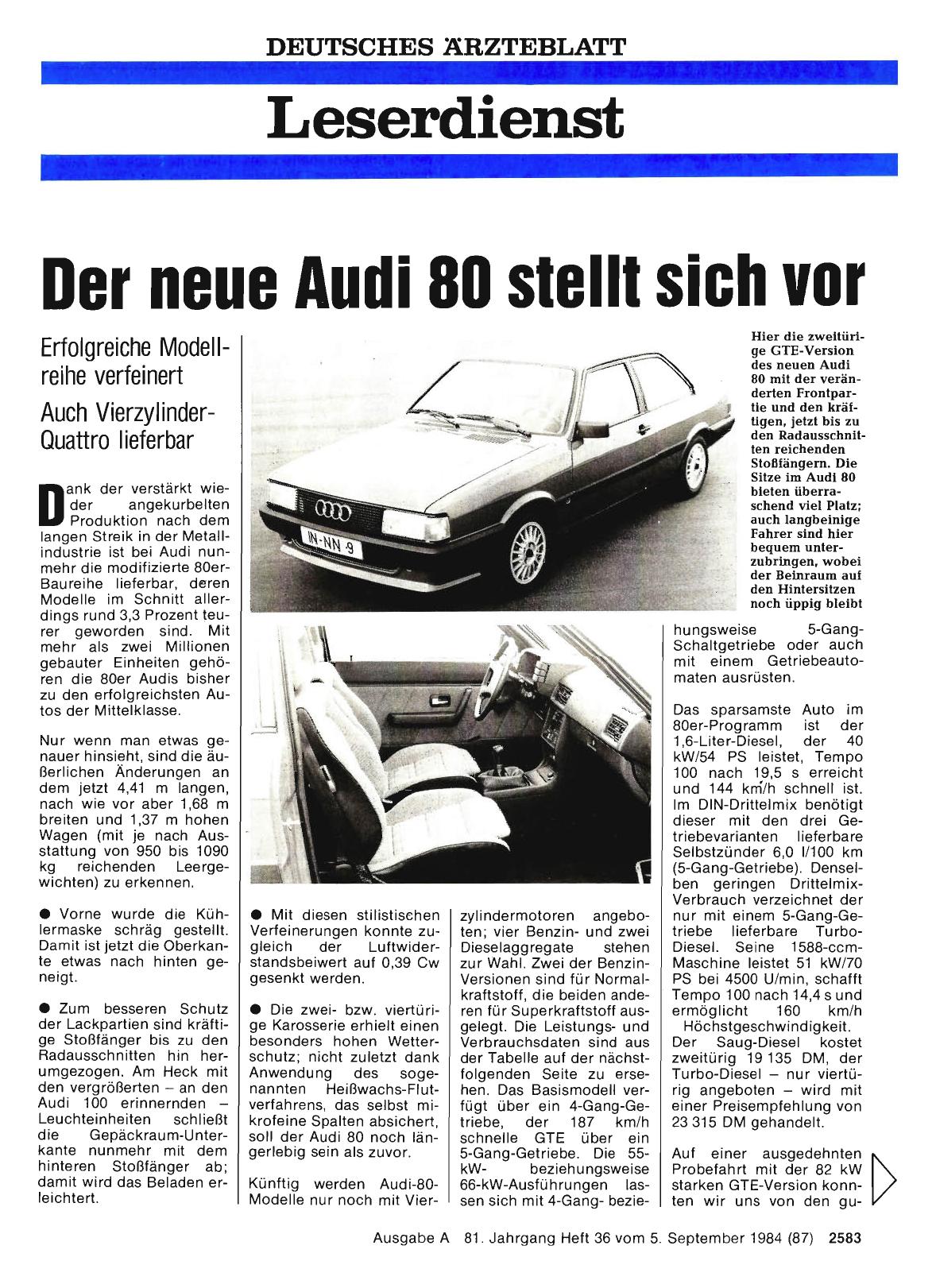 Vorschauseite 1: Der neue Audi 80 stellt sich vor