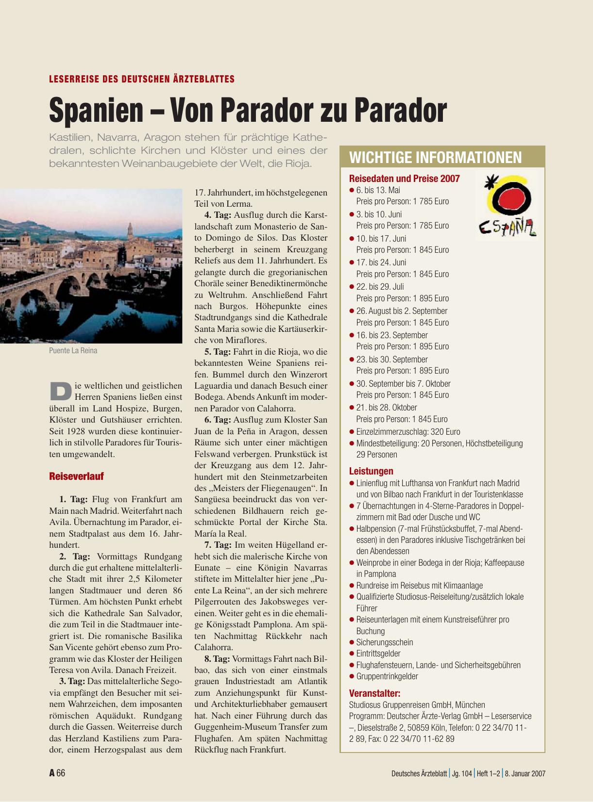 Vorschauseite 1: Leserreise des Deutschen Ärzteblattes: Spanien – Von Parador zu Parador