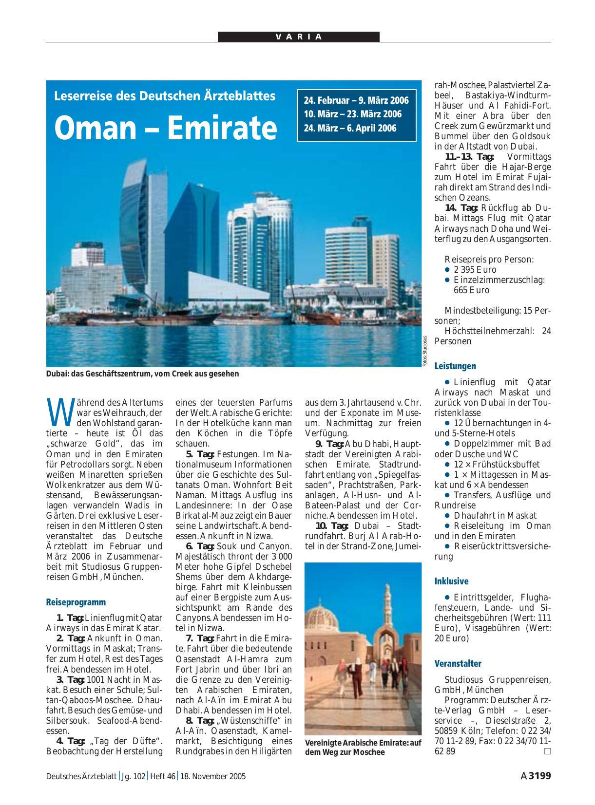 Vorschauseite 1: Leserreise des Deutschen Ärzteblattes: Oman – Emirate