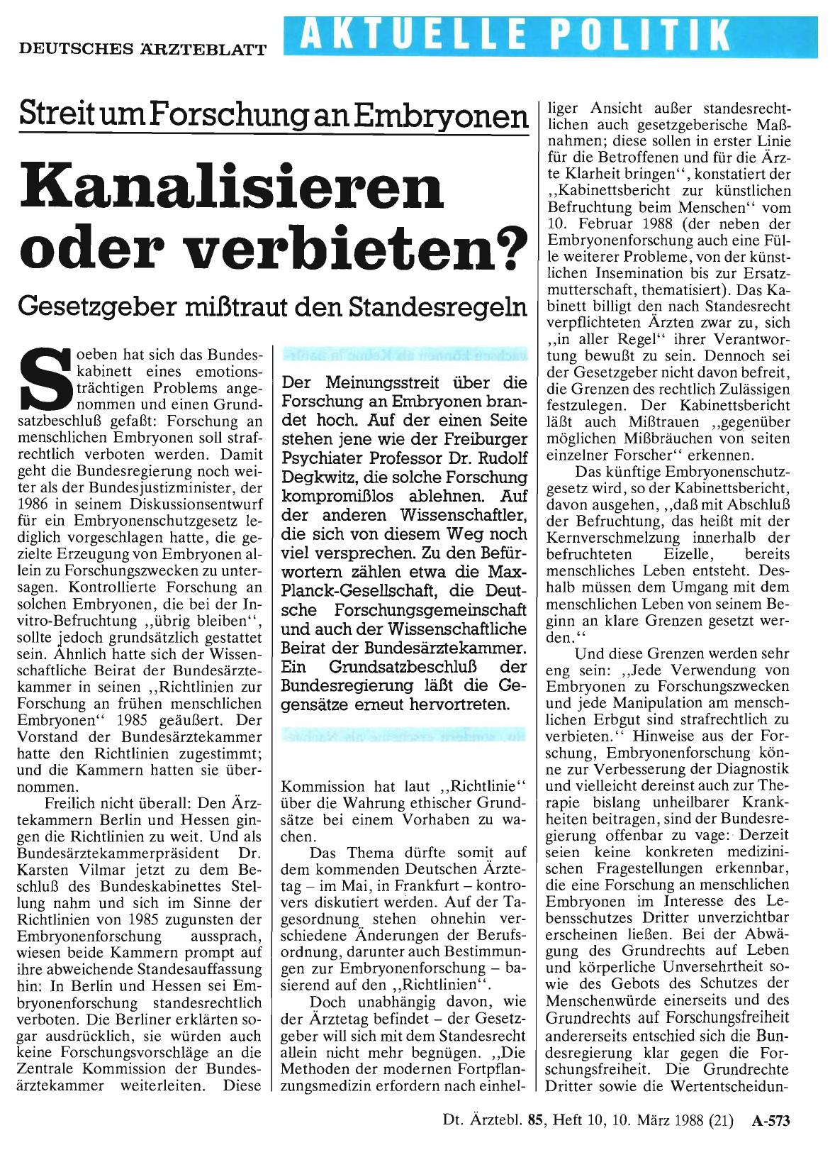 Vorschauseite 1: Streit um Forschung an Embryonen: Kanalisieren oder verbieten?