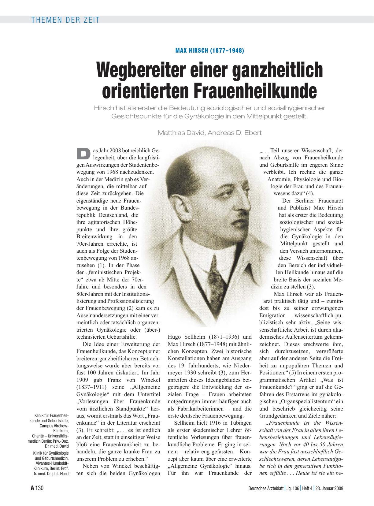 Vorschauseite 1: Max Hirsch (1877 – 1948): Wegbereiter einer ganzheitlich orientierten Frauenheilkunde
