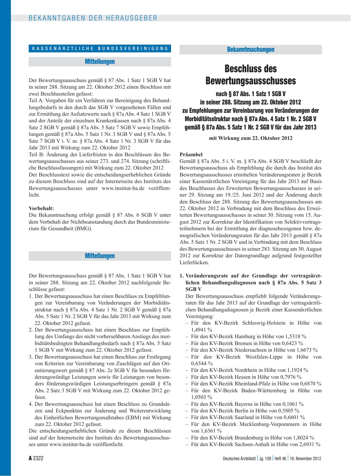 Vorschauseite 1: Beschluss des Bewertungsausschusses nach § 87 Abs. 1 Satz 1 SGB V in seiner 288. Sitzung am 22. Oktober 2012 zu Empfehlungen zur Vereinbarung von Veränderungen der Morbiditätsstru…