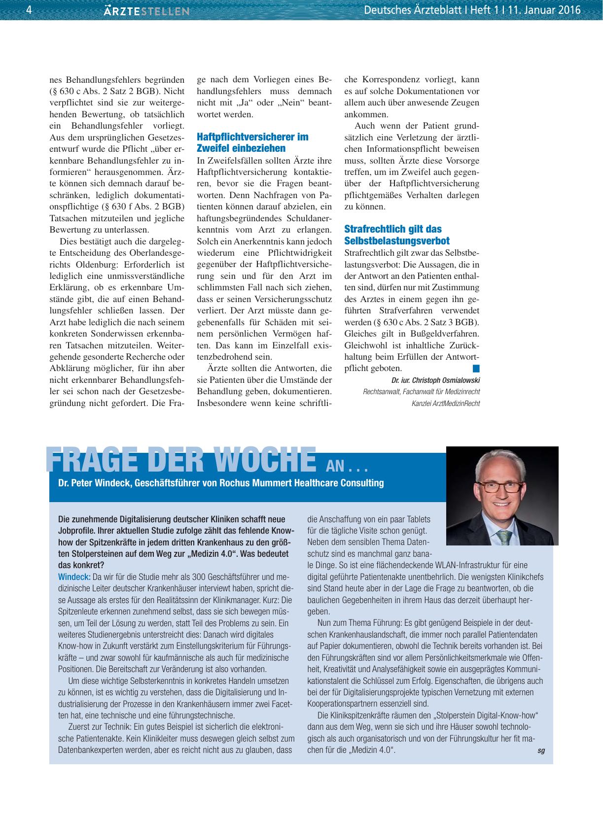 Vorschauseite 1: Frage der Woche an. .. Dr. Peter Windeck, Geschäftsführer von Rochus Mummert Healthcare Consulting