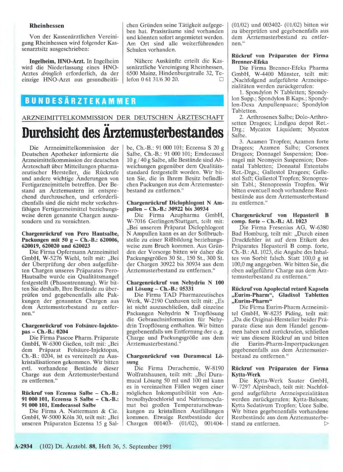 Vorschauseite 1: ARZNEIMITTELKOMMISSION DER DEUTSCHEN ÄRZTESCHAFT: Durchsicht des Ärztemusterbestandes