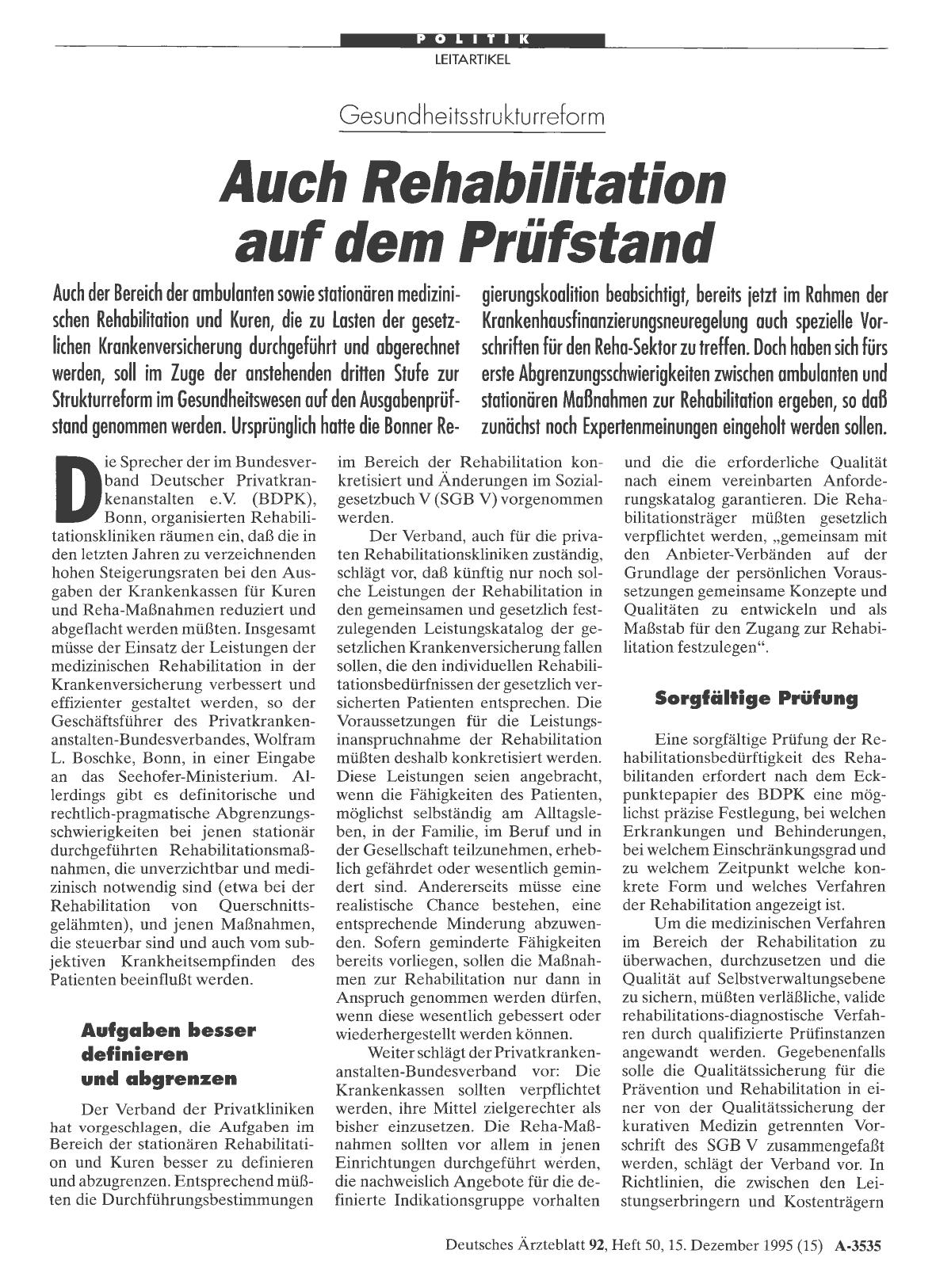 Vorschauseite 1: Gesundheitsstrukturreform: Auch Rehabilitation auf dem Prüfstand