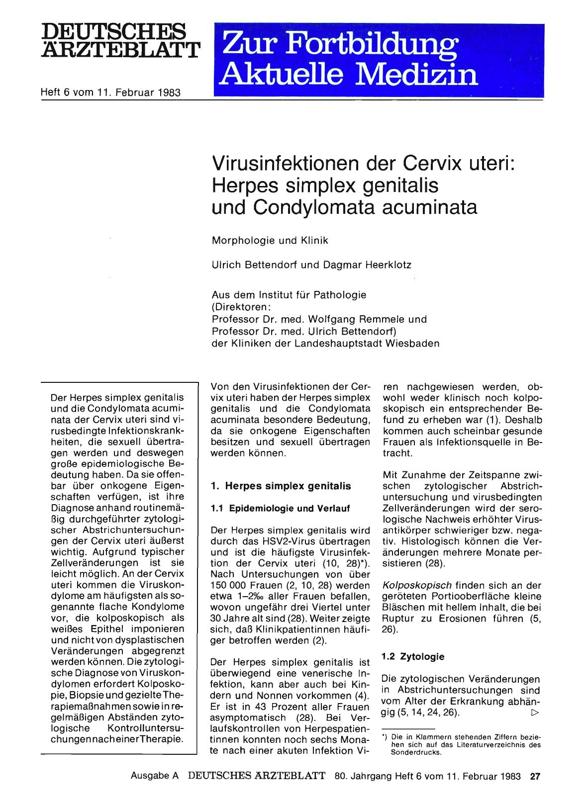 Vorschauseite 1: Virusinfektionen der Cervix uteri: Herpes simplex genitalis und Condylomata acuminata
