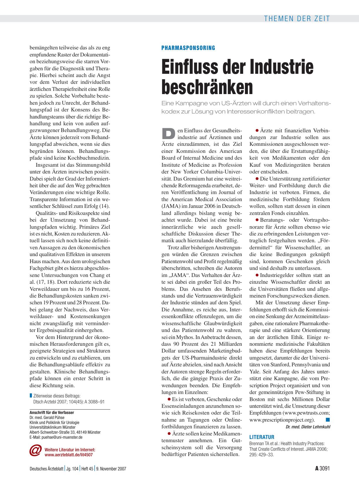 Vorschauseite 1: Pharmasponsoring: Einfluss der Industrie beschränken