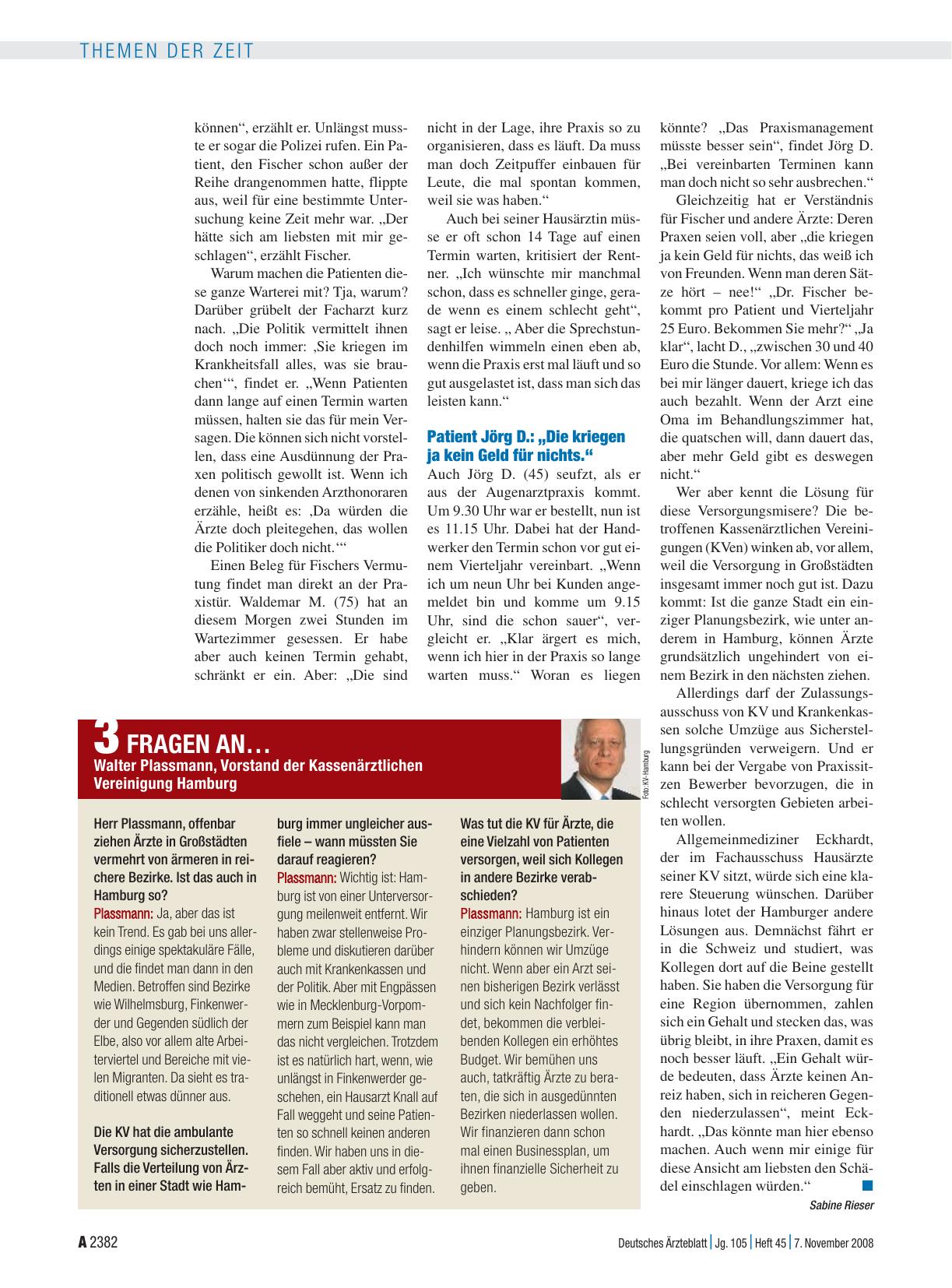 Vorschauseite 1: 3 Fragen an… Walter Plassmann, Vorstand der Kassenärztlichen Vereinigung Hamburg